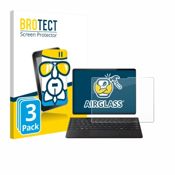 Parte frontal de un envase de producto con el logotipo de la marca BROTECT. Al lado se muestra el dispositivo Microsoft Surfac