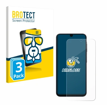 Parte frontal de un envase de producto con el logotipo de la marca BROTECT. Al lado se muestra el dispositivo Samsung Galaxy A