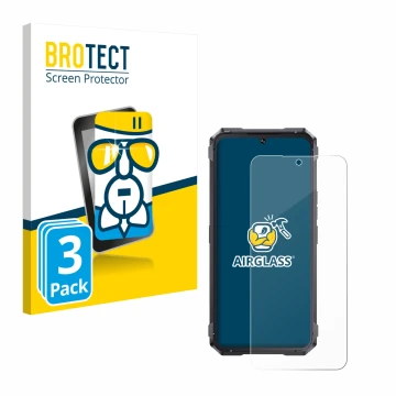 Parte frontal de un envase de producto con el logotipo de la marca BROTECT. Al lado se muestra el dispositivo Cubot King Kong 