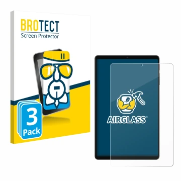 Parte frontal de un envase de producto con el logotipo de la marca BROTECT. Al lado se muestra el dispositivo Alldocube iPlay 