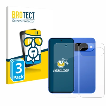 Parte frontal de un envase de producto con el logotipo de la marca BROTECT. Al lado se muestra el dispositivo Google Pixel 10 