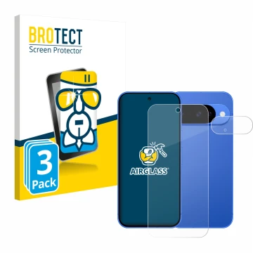 Parte frontal de un envase de producto con el logotipo de la marca BROTECT. Al lado se muestra el dispositivo Google Pixel 10 