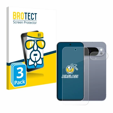 Parte frontal de un envase de producto con el logotipo de la marca BROTECT. Al lado se muestra el dispositivo Google Pixel 10 