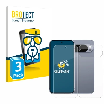 Parte frontal de un envase de producto con el logotipo de la marca BROTECT. Al lado se muestra el dispositivo Google Pixel 10 