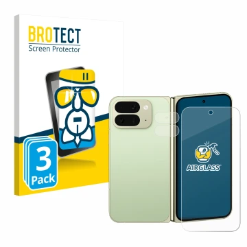 Parte frontal de un envase de producto con el logotipo de la marca BROTECT. Al lado se muestra el dispositivo Google Pixel 10 