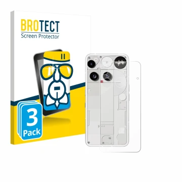 Parte frontal de un envase de producto con el logotipo de la marca BROTECT. Al lado se muestra el dispositivo Nothing Phone (3