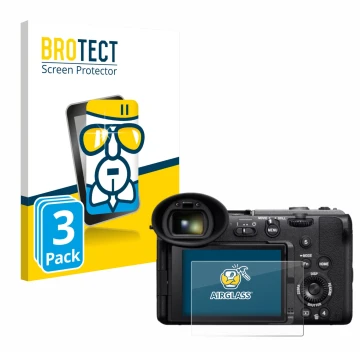 Parte frontal de un envase de producto con el logotipo de la marca BROTECT. Al lado se muestra el dispositivo Sony Cinema Line