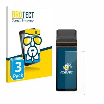 Parte frontal de un envase de producto con el logotipo de la marca BROTECT. Al lado se muestra el dispositivo Sunmi V3H con su