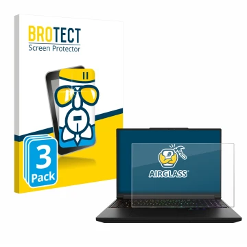 Parte frontal de un envase de producto con el logotipo de la marca BROTECT. Al lado se muestra el dispositivo XMG Pro 16 con s