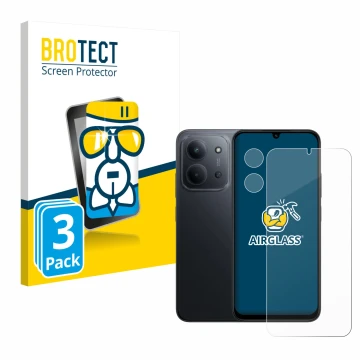 Parte frontal de un envase de producto con el logotipo de la marca BROTECT. Al lado se muestra el dispositivo Xiaomi Redmi 15C