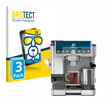Parte frontal de un envase de producto con el logotipo de la marca BROTECT. Al lado se muestra el dispositivo Ninja Luxe Cafe 