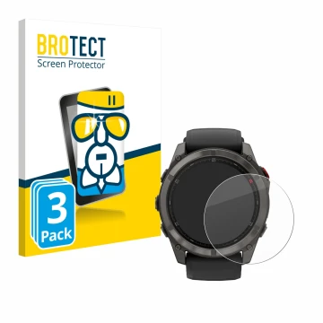 Parte frontal de un envase de producto con el logotipo de la marca BROTECT. Al lado se muestra el dispositivo Garmin Fenix 8 P