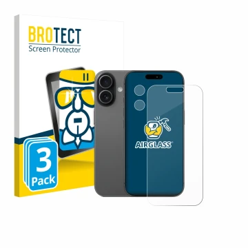 Parte frontal de un envase de producto con el logotipo de la marca BROTECT. Al lado se muestra el dispositivo Apple iPhone 17 