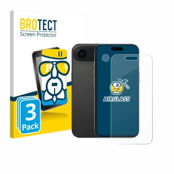 Parte frontal de un envase de producto con el logotipo de la marca BROTECT. Al lado se muestra el dispositivo Apple iPhone Air