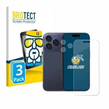 Parte frontal de un envase de producto con el logotipo de la marca BROTECT. Al lado se muestra el dispositivo Apple iPhone 17 