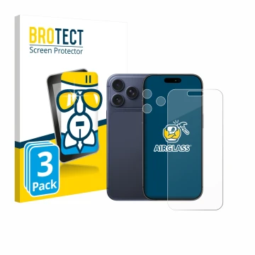 Parte frontal de un envase de producto con el logotipo de la marca BROTECT. Al lado se muestra el dispositivo Apple iPhone 17 