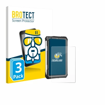 Parte frontal de un envase de producto con el logotipo de la marca BROTECT. Al lado se muestra el dispositivo Apple iPad Mini 