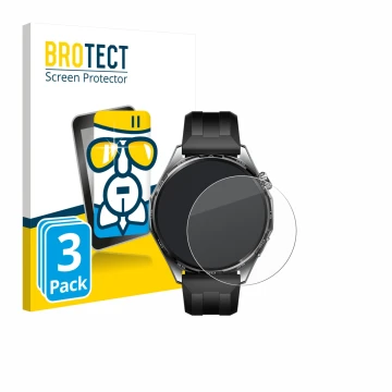 Parte frontal de un envase de producto con el logotipo de la marca BROTECT. Al lado se muestra el dispositivo Huawei Watch GT 