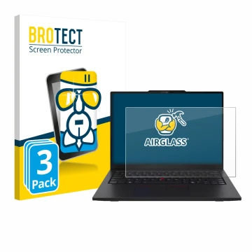 Parte frontal de un envase de producto con el logotipo de la marca BROTECT. Al lado se muestra el dispositivo Lenovo ThinkPad 