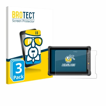 Parte frontal de un envase de producto con el logotipo de la marca BROTECT. Al lado se muestra el dispositivo onerugged W10 J 