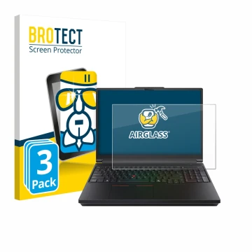 Parte frontal de un envase de producto con el logotipo de la marca BROTECT. Al lado se muestra el dispositivo Lenovo ThinkPad 