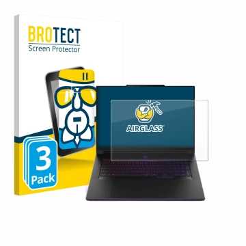 Parte frontal de un envase de producto con el logotipo de la marca BROTECT. Al lado se muestra el dispositivo Lenovo Legion 9i