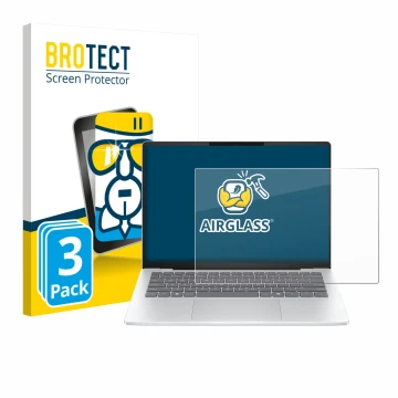 Parte frontal de un envase de producto con el logotipo de la marca BROTECT. Al lado se muestra el dispositivo HP OmniBook 5 14