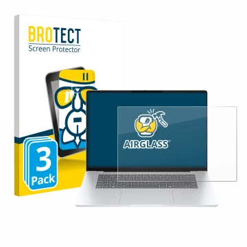 Parte frontal de un envase de producto con el logotipo de la marca BROTECT. Al lado se muestra el dispositivo HP OmniBook 5 16