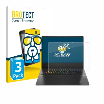 Parte frontal de un envase de producto con el logotipo de la marca BROTECT. Al lado se muestra el dispositivo HP Omen Transcen