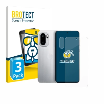 Parte frontal de un envase de producto con el logotipo de la marca BROTECT. Al lado se muestra el dispositivo OnePlus 15R (Fro