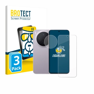 Parte frontal de un envase de producto con el logotipo de la marca BROTECT. Al lado se muestra el dispositivo Vivo X300 Pro (F