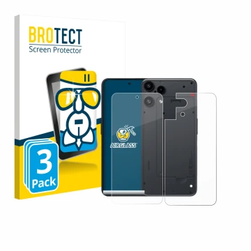 Parte frontal de un envase de producto con el logotipo de la marca BROTECT. Al lado se muestra el dispositivo Nothing Phone (3