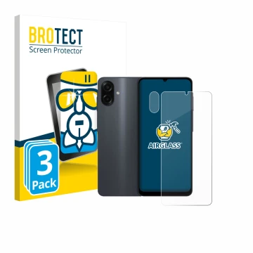 Parte frontal de un envase de producto con el logotipo de la marca BROTECT. Al lado se muestra el dispositivo Samsung Galaxy A