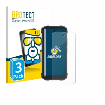 Parte frontal de un envase de producto con el logotipo de la marca BROTECT. Al lado se muestra el dispositivo Cubot King Kong 