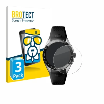 Parte frontal de un envase de producto con el logotipo de la marca BROTECT. Al lado se muestra el dispositivo TAG Heuer Connec