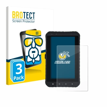 Parte frontal de un envase de producto con el logotipo de la marca BROTECT. Al lado se muestra el dispositivo Winmate M700DQ8 