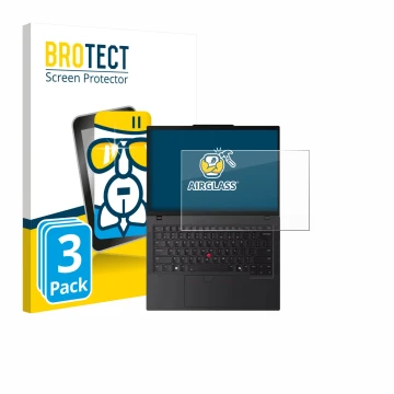 Parte frontal de un envase de producto con el logotipo de la marca BROTECT. Al lado se muestra el dispositivo Lenovo ThinkPad 