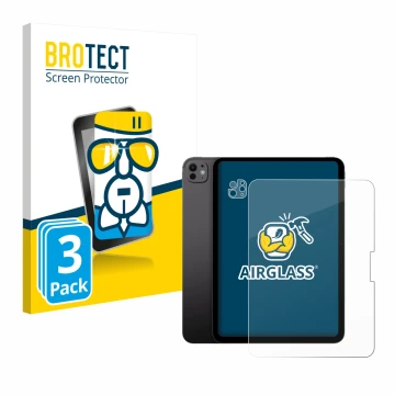 Parte frontal de un envase de producto con el logotipo de la marca BROTECT. Al lado se muestra el dispositivo Apple iPad Pro 1