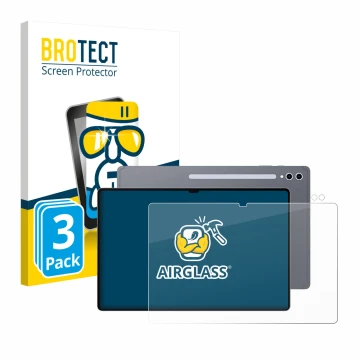 Parte frontal de un envase de producto con el logotipo de la marca BROTECT. Al lado se muestra el dispositivo Samsung Galaxy T