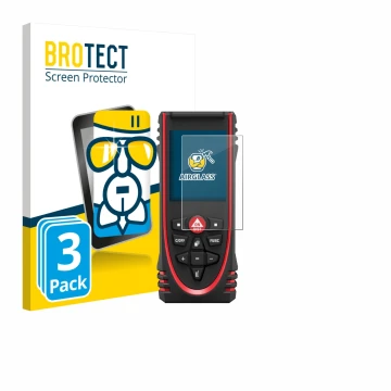 Parte frontal de un envase de producto con el logotipo de la marca BROTECT. Al lado se muestra el dispositivo Leica DISTO X3 c