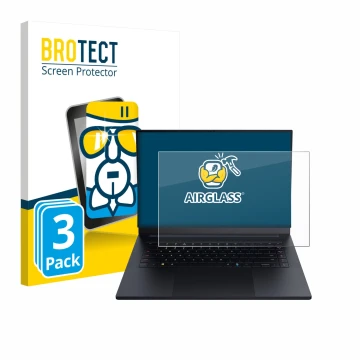 Parte frontal de un envase de producto con el logotipo de la marca BROTECT. Al lado se muestra el dispositivo Razer Blade 16 2