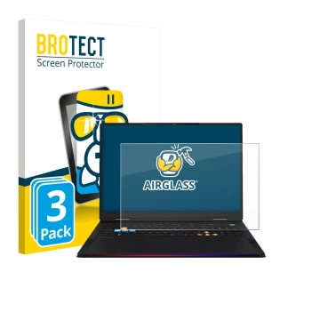 Parte frontal de un envase de producto con el logotipo de la marca BROTECT. Al lado se muestra el dispositivo MSI Raider A18 H