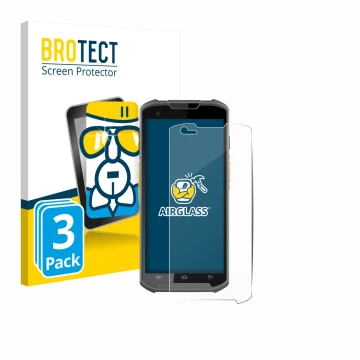 Parte frontal de un envase de producto con el logotipo de la marca BROTECT. Al lado se muestra el dispositivo Newland MT93 con