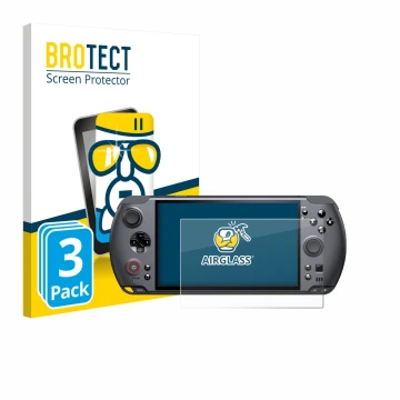 Parte frontal de un envase de producto con el logotipo de la marca BROTECT. Al lado se muestra el dispositivo GPD Win 5 con su