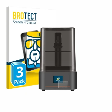 Parte frontal de un envase de producto con el logotipo de la marca BROTECT. Al lado se muestra el dispositivo Anycubic Photon 
