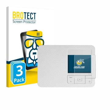 Parte frontal de un envase de producto con el logotipo de la marca BROTECT. Al lado se muestra el dispositivo Canon Selphy CP1