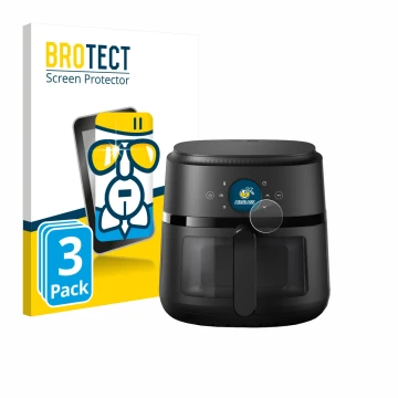 Parte frontal de un envase de producto con el logotipo de la marca BROTECT. Al lado se muestra el dispositivo Philips Airfryer