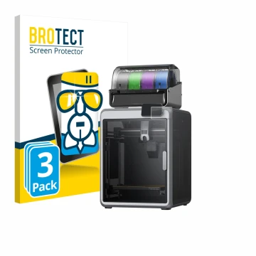 Parte frontal de un envase de producto con el logotipo de la marca BROTECT. Al lado se muestra el dispositivo Creality K2 con 