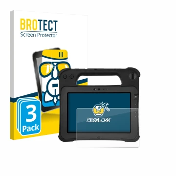 Parte frontal de un envase de producto con el logotipo de la marca BROTECT. Al lado se muestra el dispositivo Zebra XPad L10ax