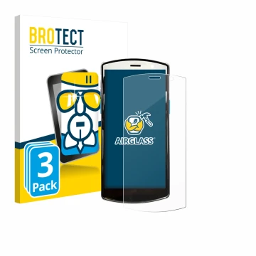 Parte frontal de un envase de producto con el logotipo de la marca BROTECT. Al lado se muestra el dispositivo Unitech EA510 co